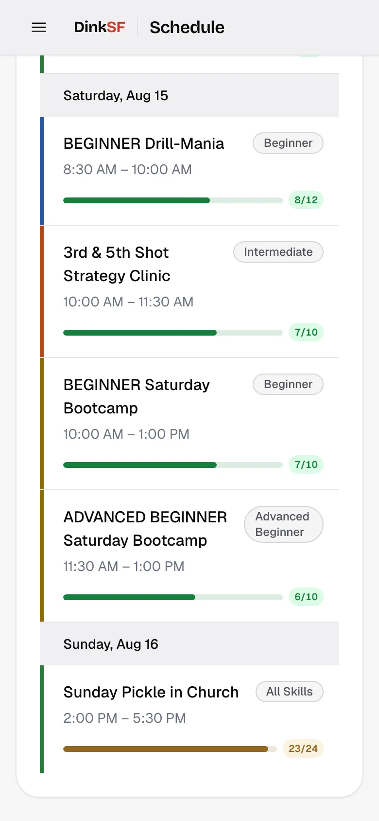 Manager schedule for the week with color-coded programs and live fill rates