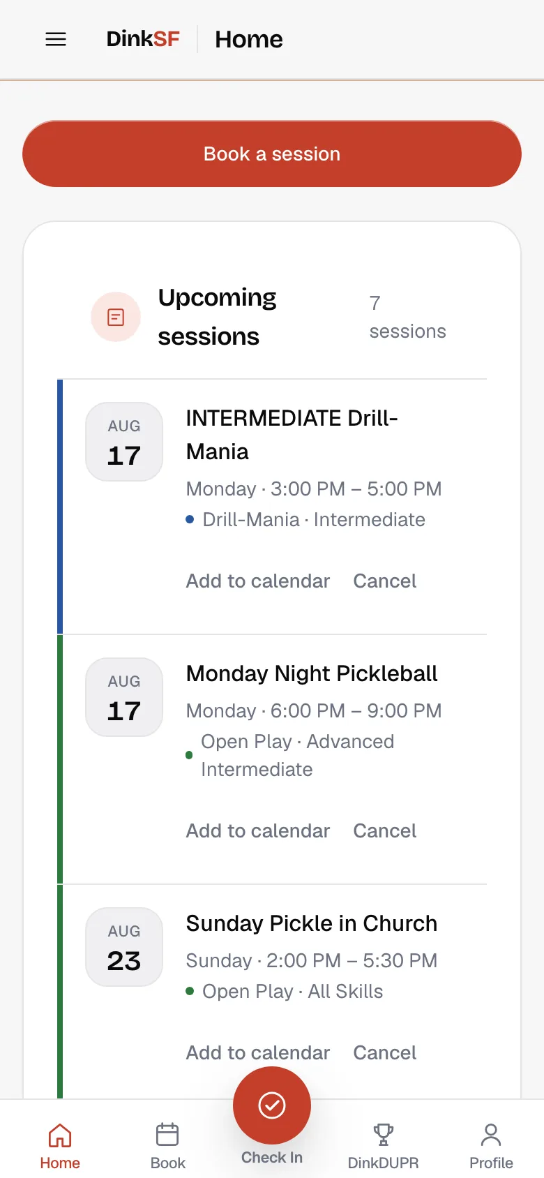 Member home screen with announcements, a book a session button, and upcoming sessions