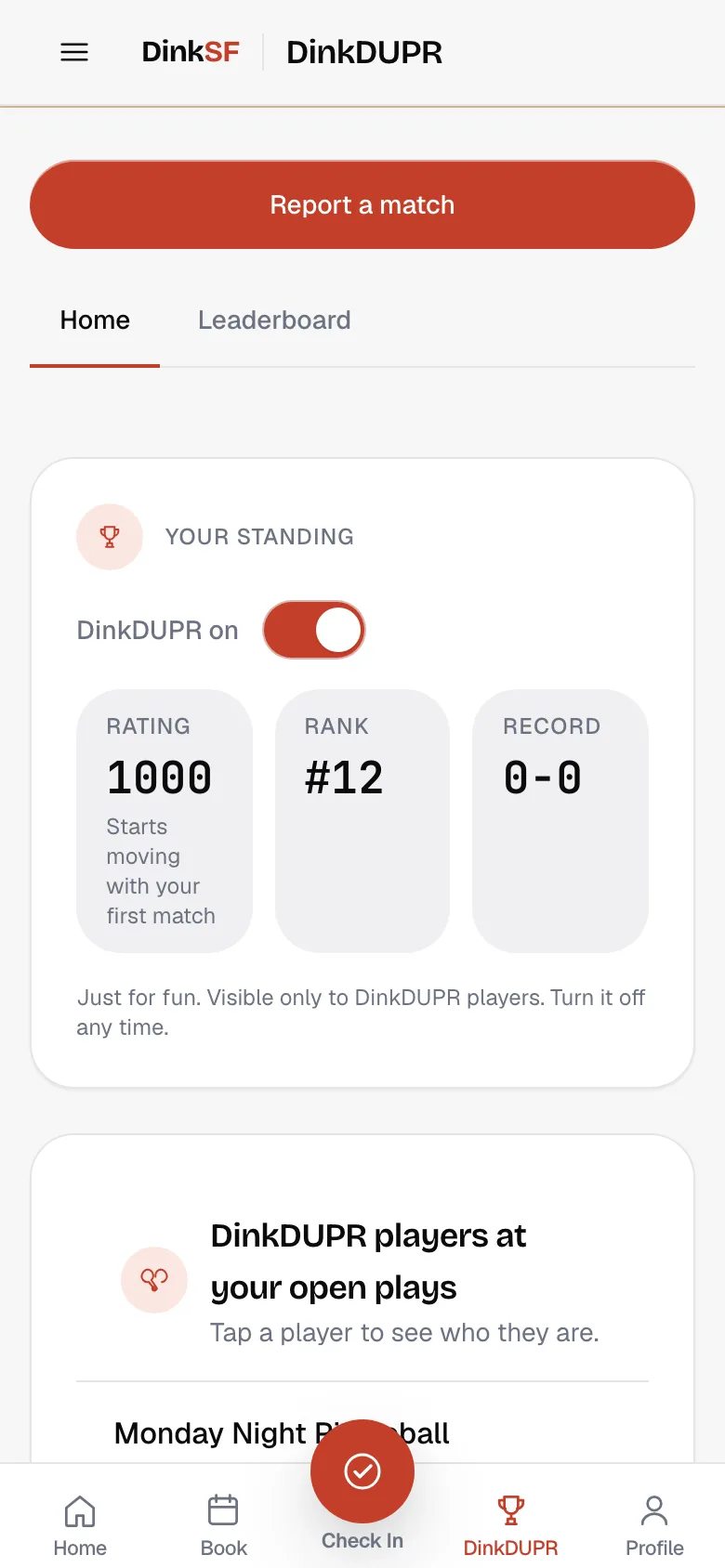 Player standing screen with rating, club rank, and win-loss record