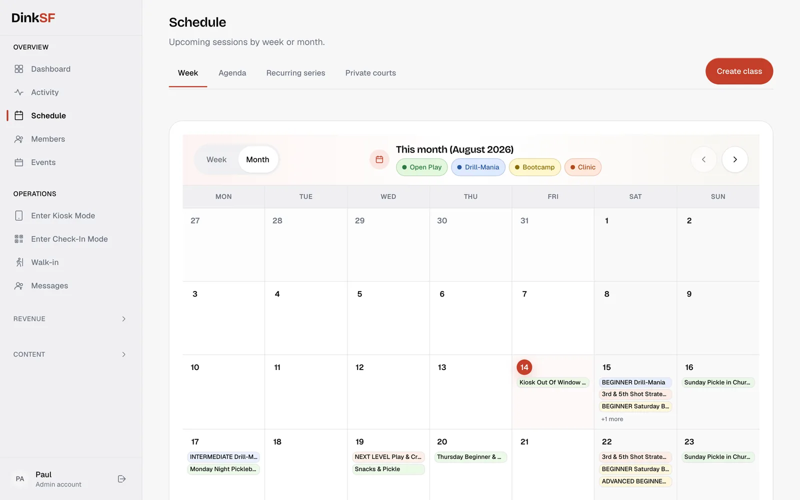 Admin month calendar showing the full program grid for August